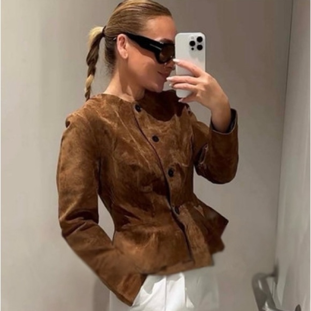 100% SUEDE LEATHER FLARED HEM JACKET - Picture 4 of 16